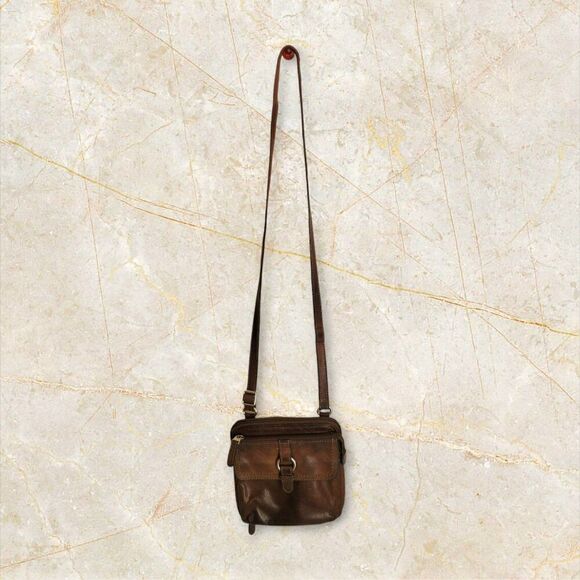 Fossil Vintage Brown Leather Crossbody Bag With Adjustable Strap & Multiple Zipp - Picture 1 of 8
